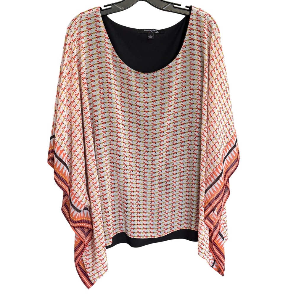 Sharagano Kaftan Top Orange Geometric Print‎ Chiffon Layered Womens 3X